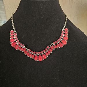 NWT Red Statement Necklace & Earrings Bold Silver Teardrop